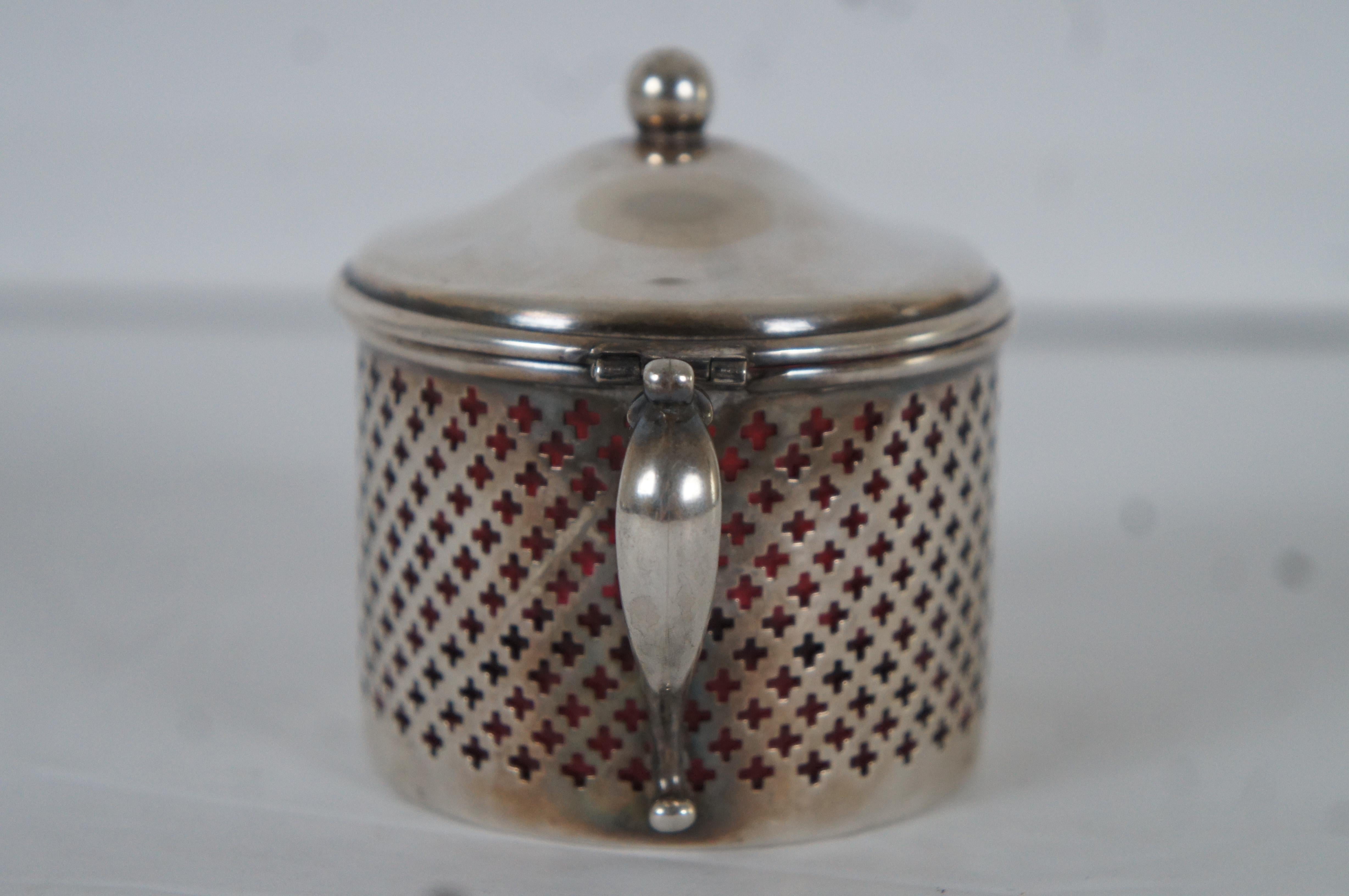 Antique Whiting 3534 Cranberry Glass & Pierced Sterling Silver Jam Condimont Pot For Sale 2