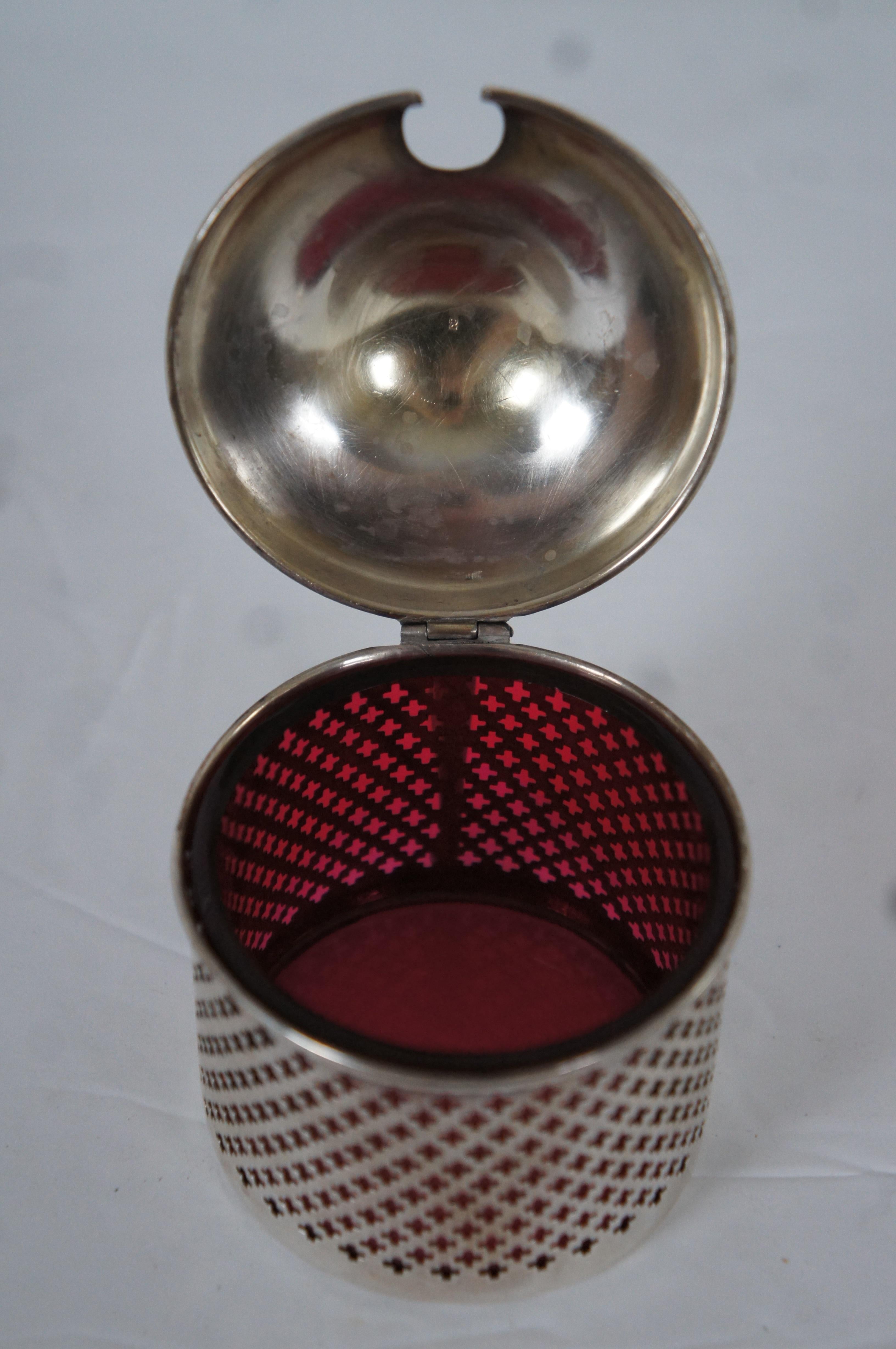 Antique Whiting 3534 Cranberry Glass & Pierced Sterling Silver Jam Condimont Pot For Sale 3