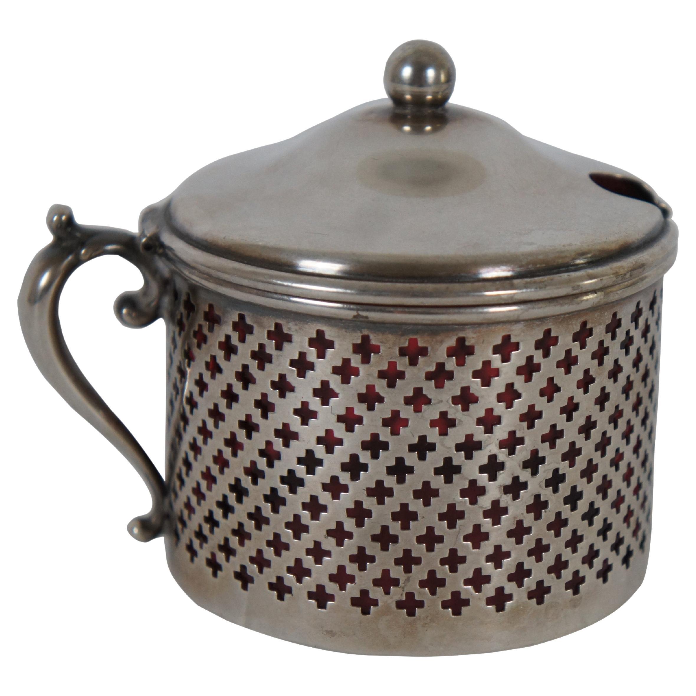 Antique Whiting 3534 Cranberry Glass & Pierced Sterling Silver Jam Condimont Pot For Sale