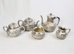 Antique Whiting 5 Piece "Repousse" Sterling Silver Tea Set with Floral Decor