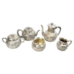 Antique Whiting 5 Piece "Repousse" Sterling Silver Tea Set with Floral Decor
