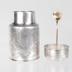 Pot à poudre en argent sterling gravé Whiting avec cuillère intégrale