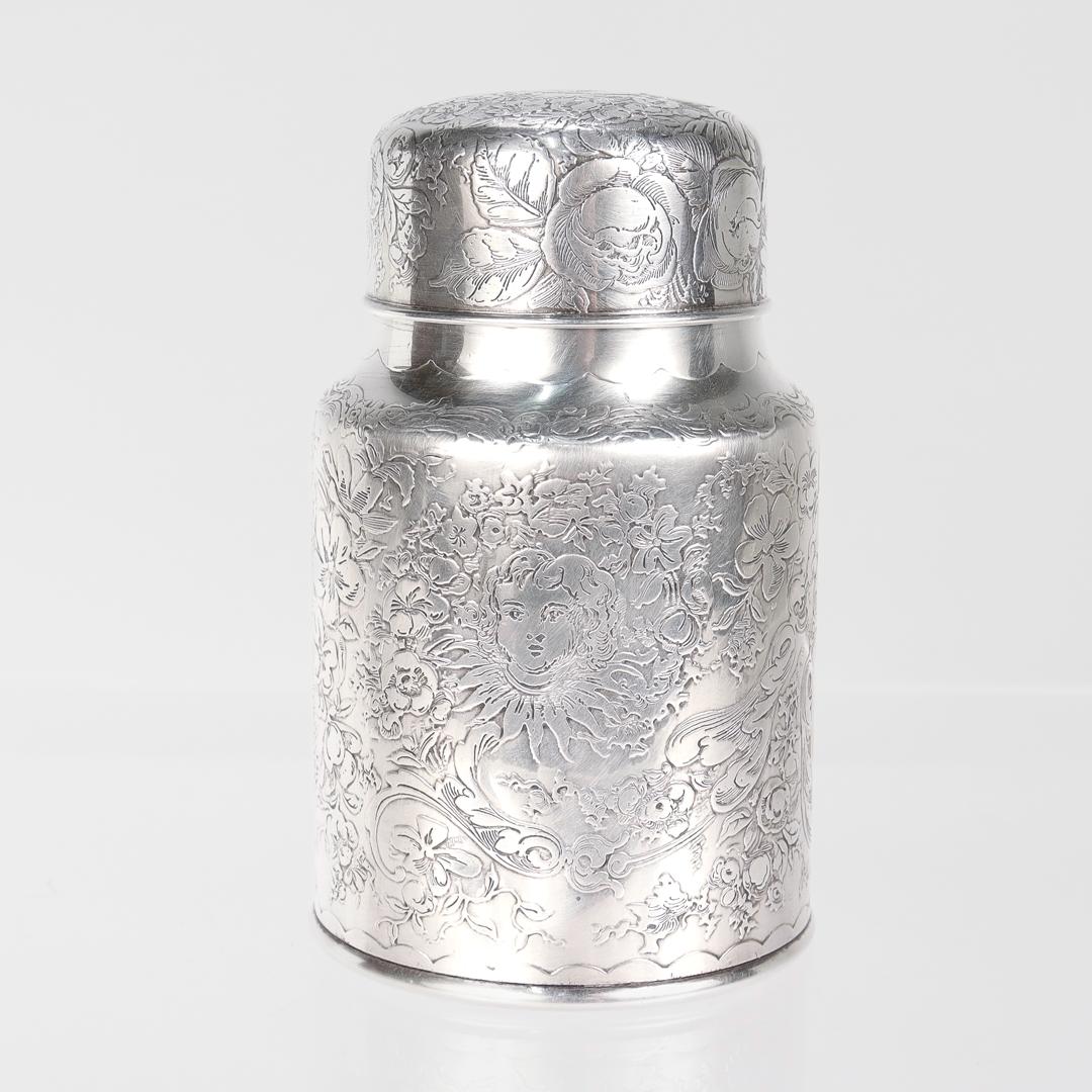 Aesthetic Movement Antique Whiting Engraved Sterling Silver Powder Jar with Integral Spoon For Sale