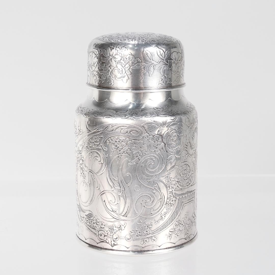 Antique Whiting Engraved Sterling Silver Powder Jar with Integral Spoon In Good Condition For Sale In Philadelphia, PA
