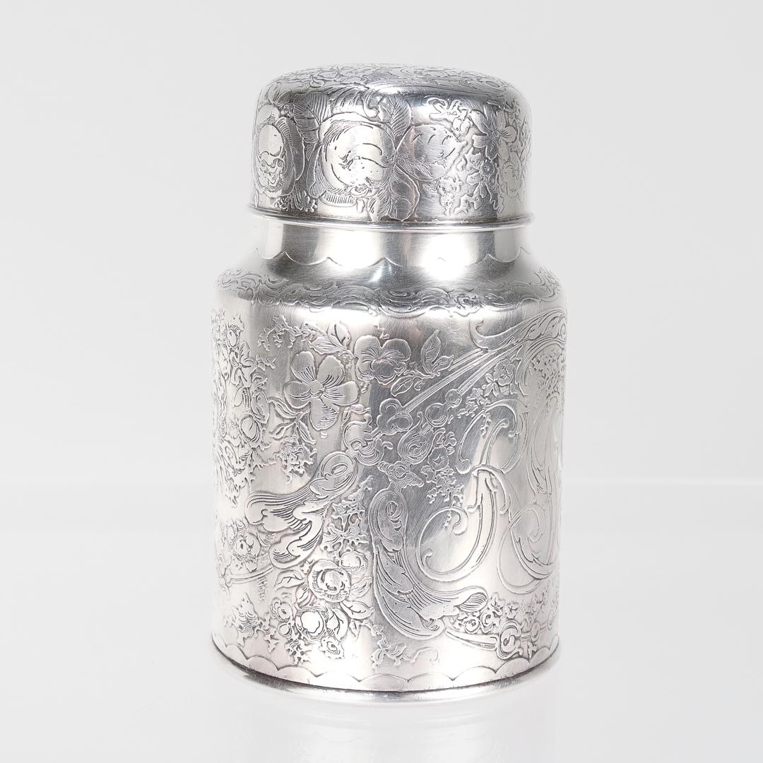Women's or Men's Antique Whiting Engraved Sterling Silver Powder Jar with Integral Spoon For Sale
