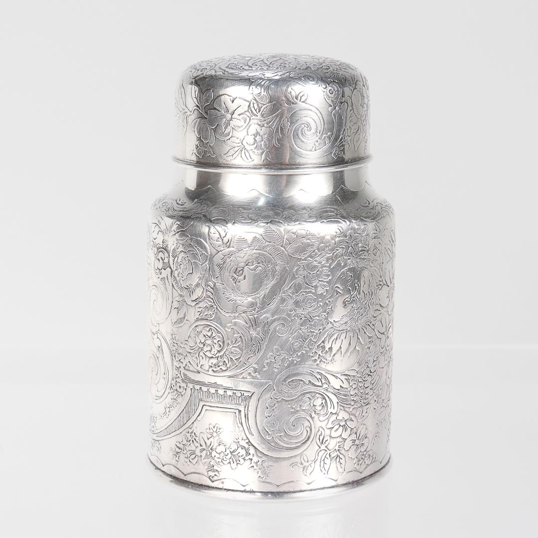 Antique Whiting Engraved Sterling Silver Powder Jar with Integral Spoon For Sale 1
