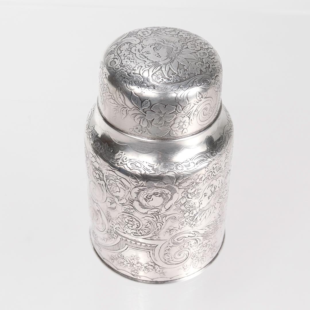Antique Whiting Engraved Sterling Silver Powder Jar with Integral Spoon For Sale 2