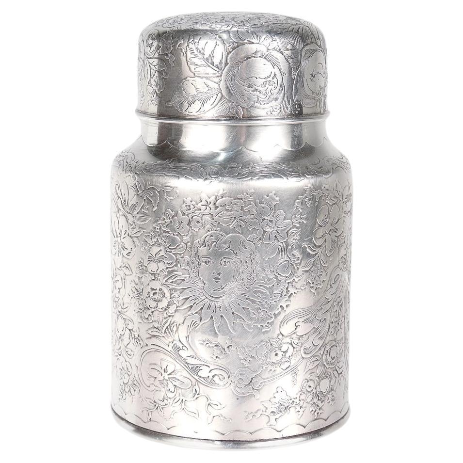 Antique Whiting Engraved Sterling Silver Powder Jar with Integral Spoon For Sale