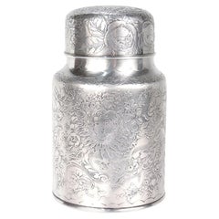 Antico barattolo per cipria in argento Sterling inciso da Whiting con cucchiaio integrato