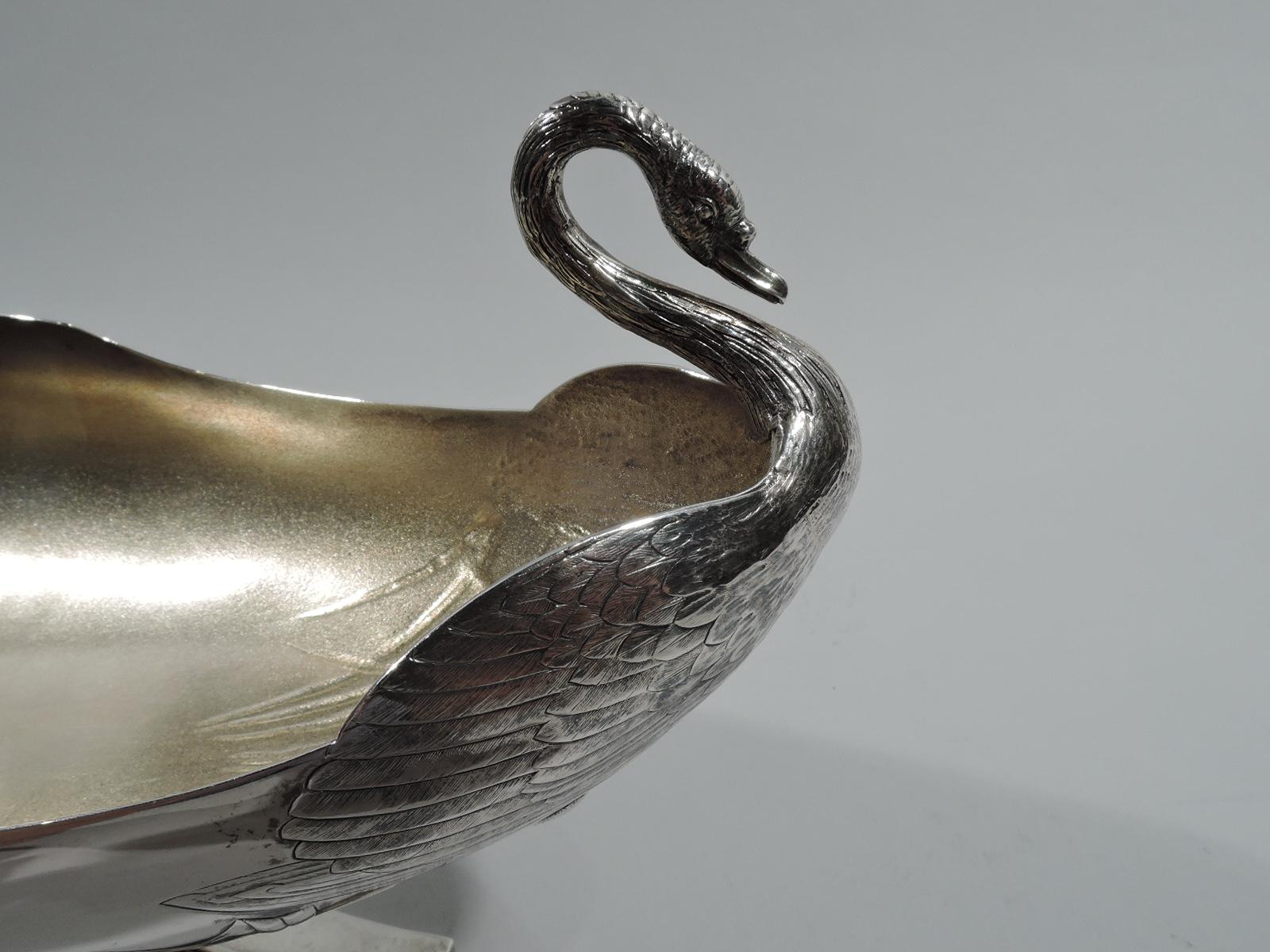 Japonisme Antique Whiting Sterling Silver Swan Bowl with Japonesque Cattails