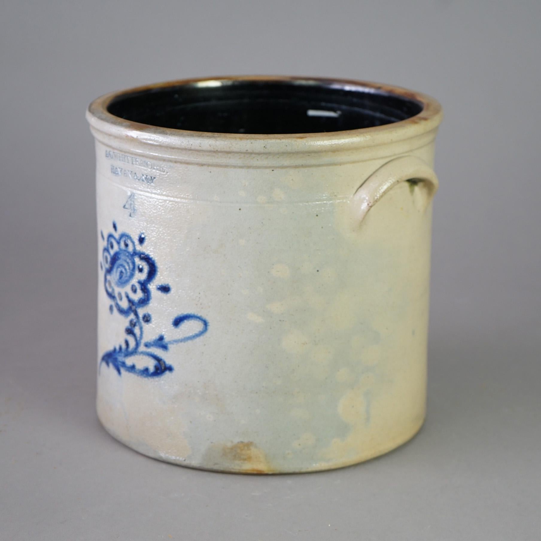 An antique Whittenmore salt glazed stoneware crock offers blue floral decoration, double handles and maker stamp as photographed, c1890

Measures- 10.75''H x 12''W x 12''D
