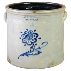 Used Whittenmore Blue Decorated Salt Glazed Stoneware Crock C1890