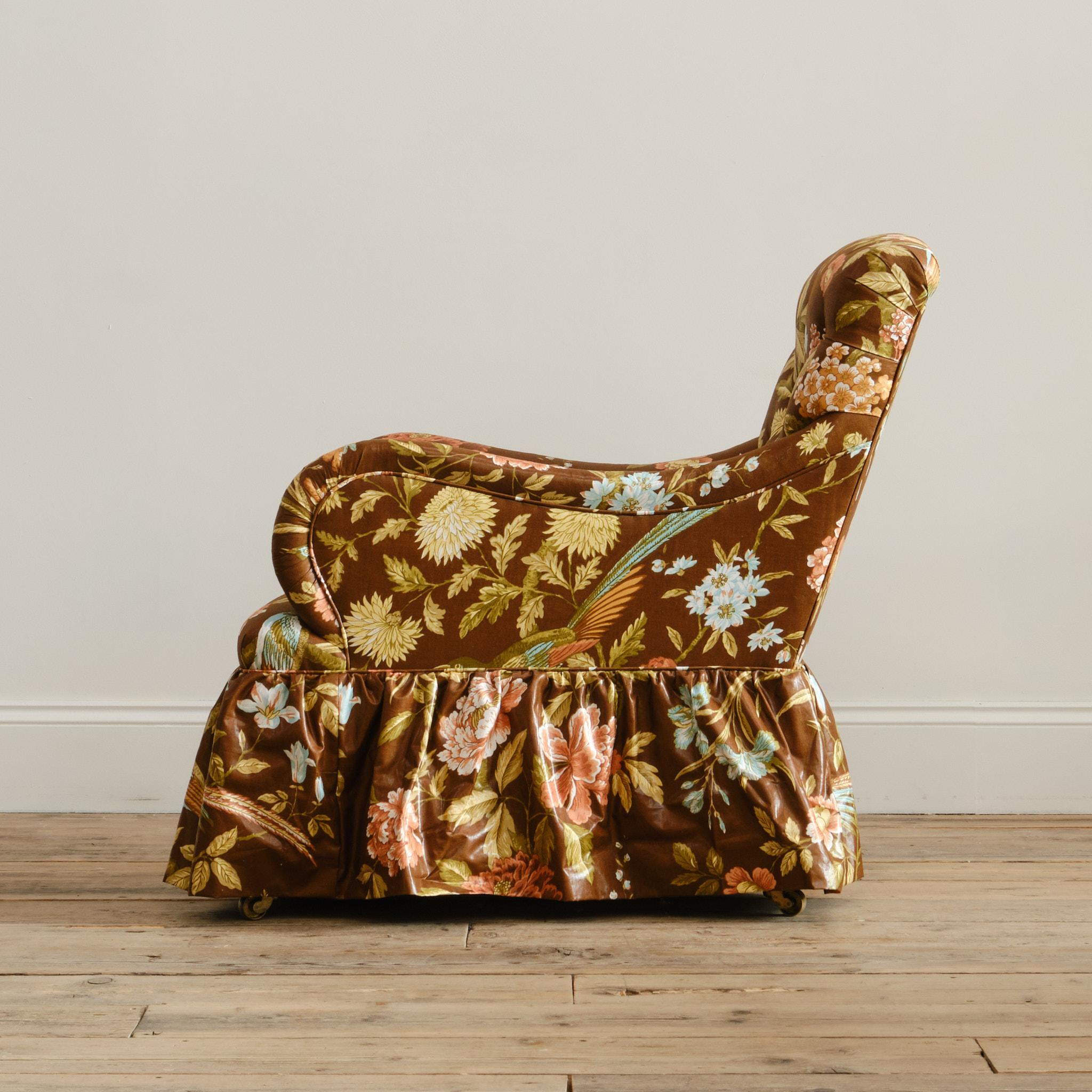 XIX secolo Antica poltrona Whytock & Reid in chintz floreale Sanderson d'epoca in vendita