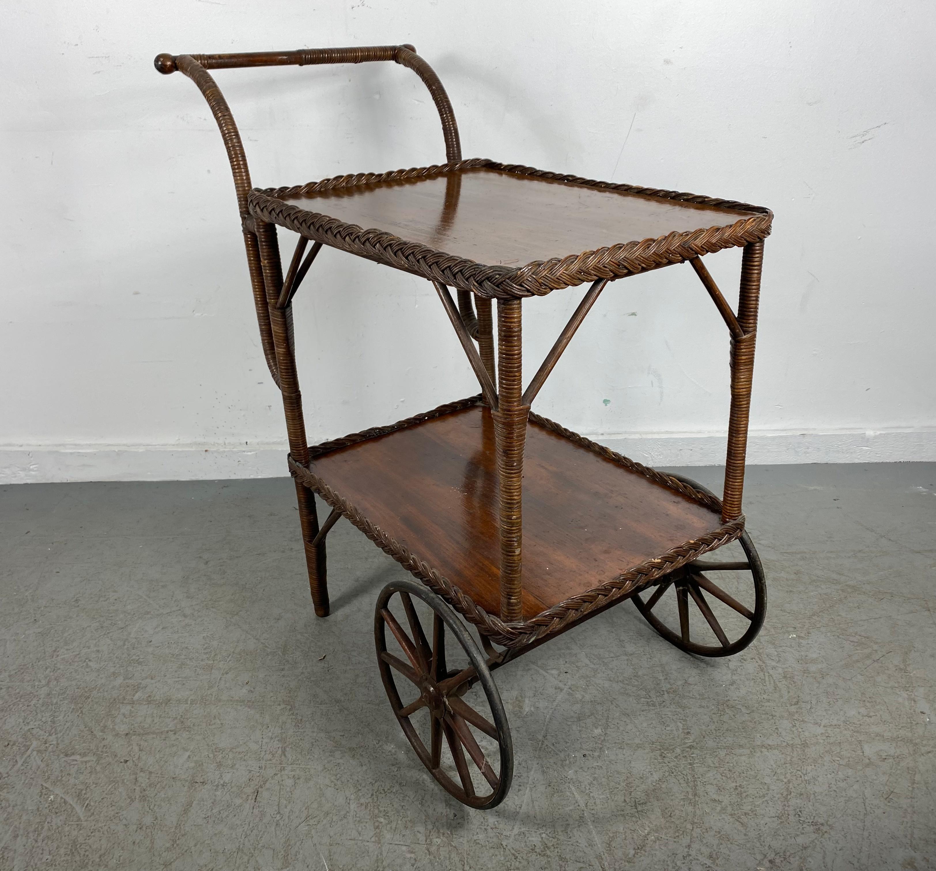 Late Victorian Antique Wicker 2-Tier Bar / Tea Cart Attributed to Heywood Wakefield