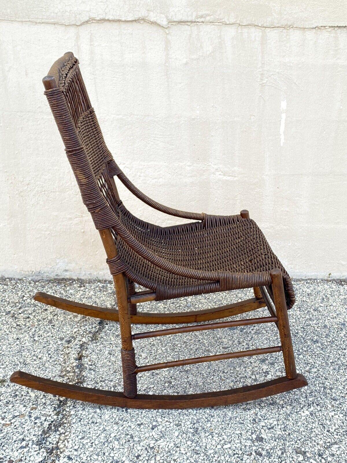 Antique Wicker and Rattan Wooden Victorian Rocking Chair Rocker For Sale 6
