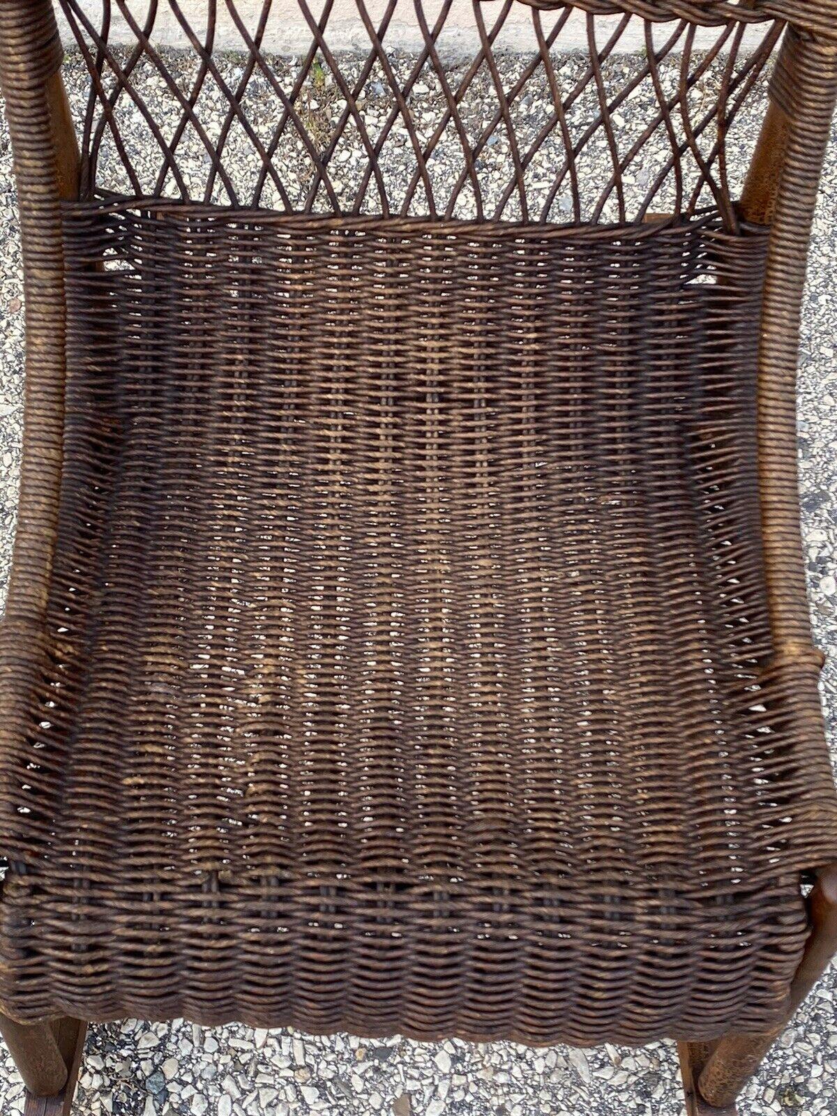 Antique Wicker and Rattan Wooden Victorian Rocking Chair Rocker In Good Condition For Sale In Philadelphia, PA