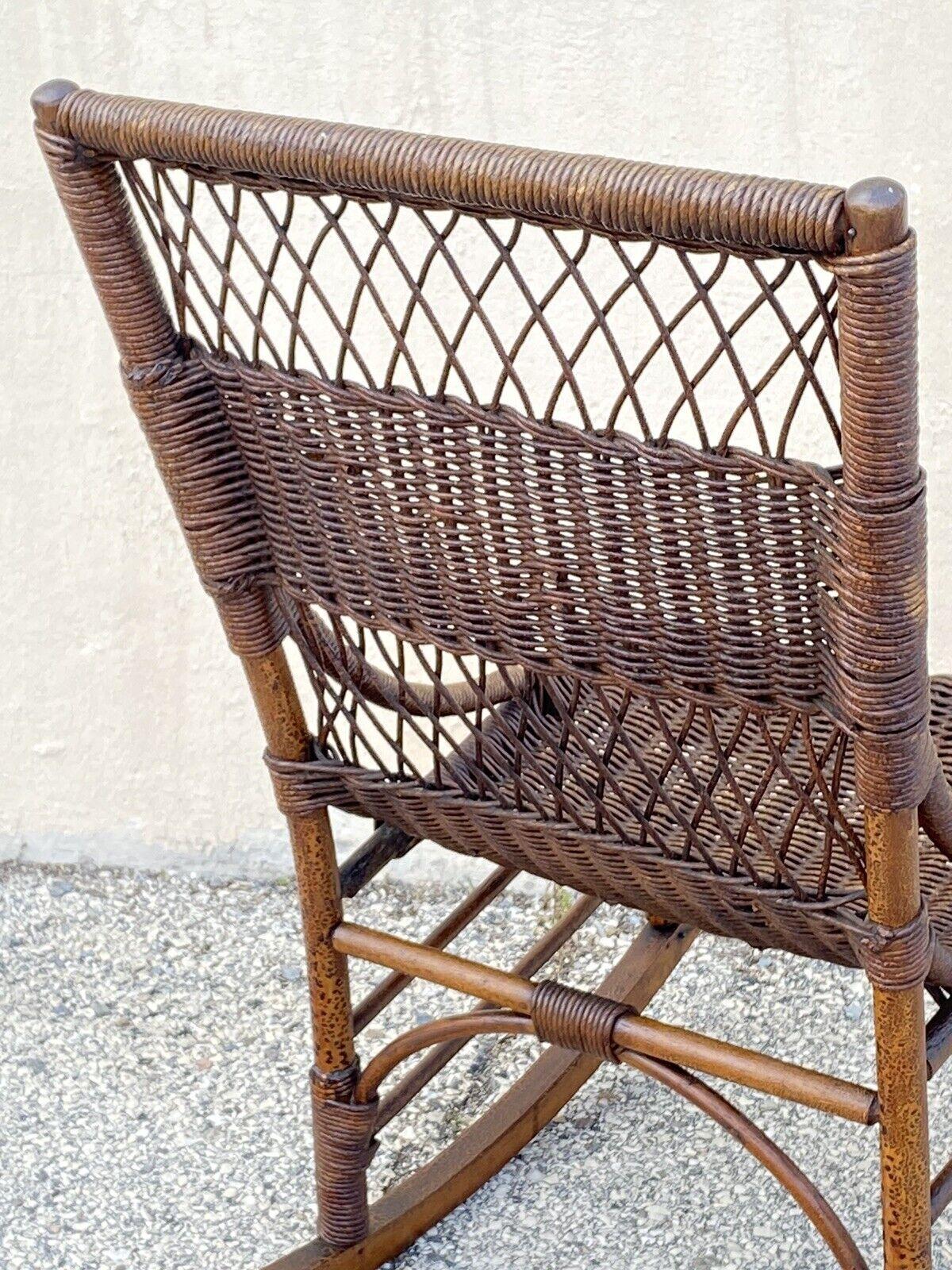 Antique Wicker and Rattan Wooden Victorian Rocking Chair Rocker For Sale 1