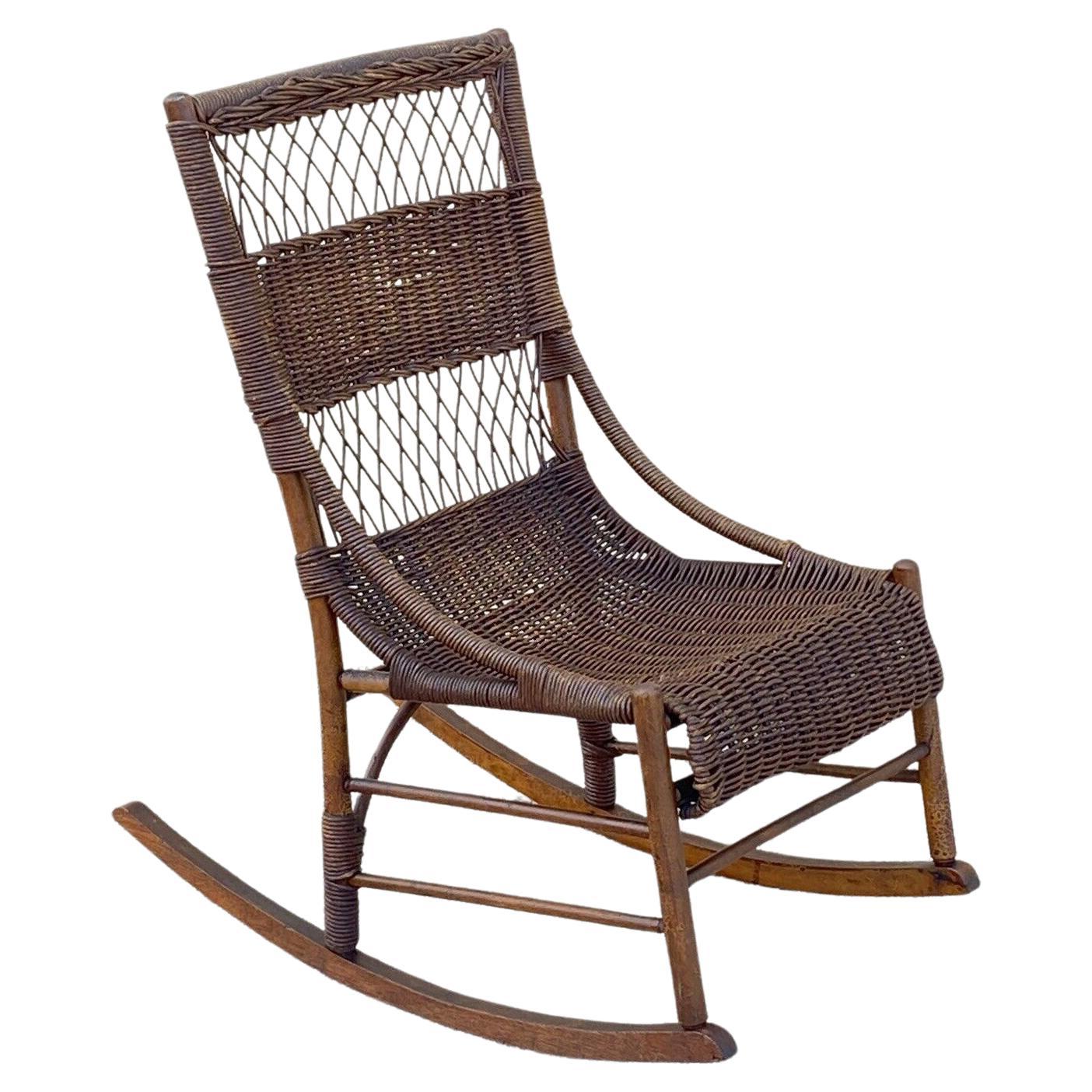 Antique Wicker and Rattan Wooden Victorian Rocking Chair Rocker For Sale