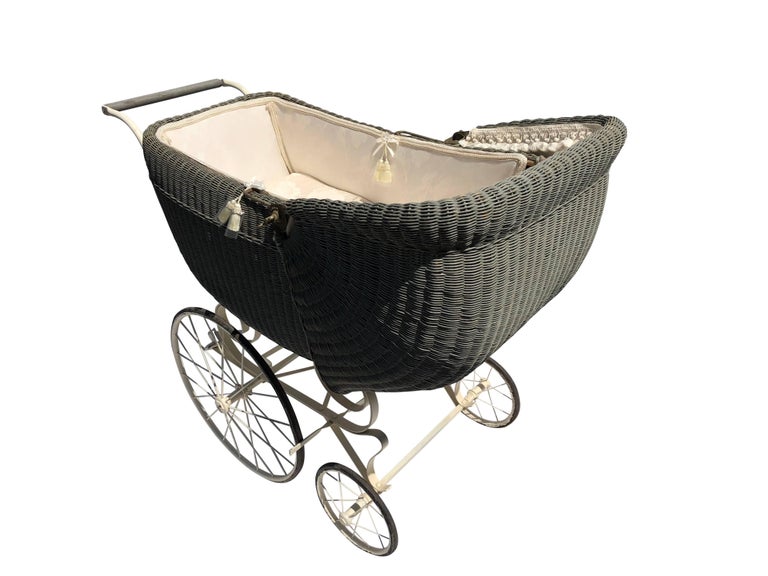 Antique Wicker Baby Carriage with Spring Suspension Original Wheels, Dior Fabric For Sale at 1stDibs