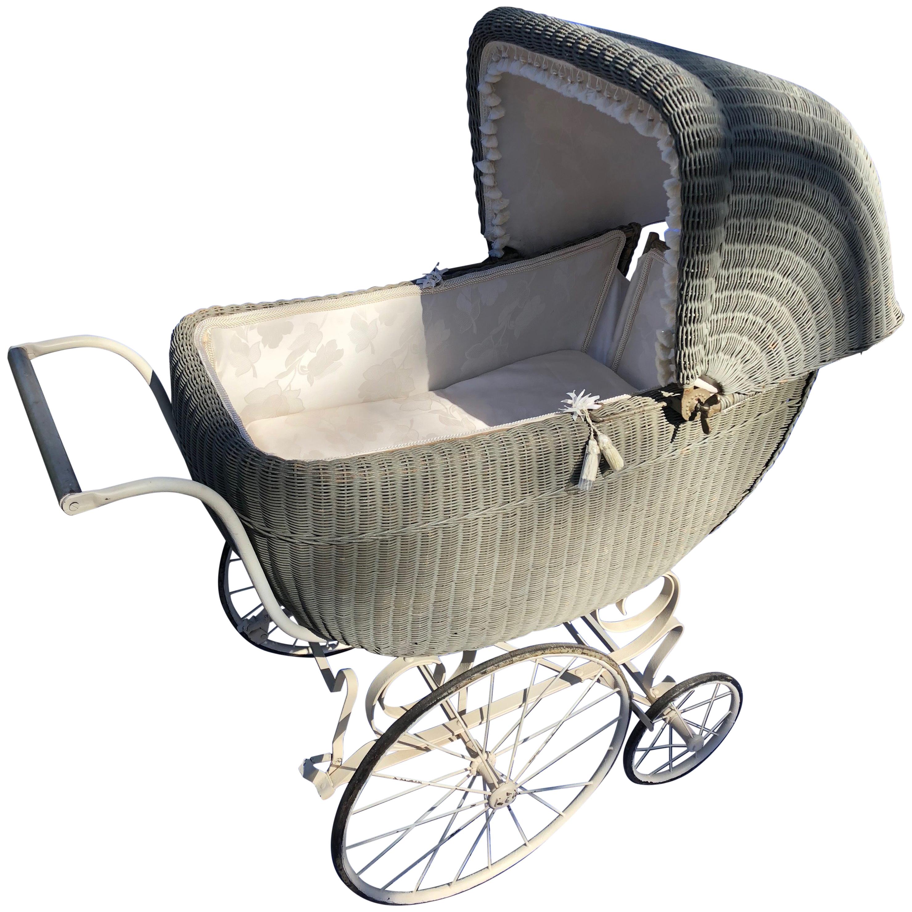 Antique Wicker Baby Carriage with Spring Suspension Original Wheels, Dior Fabric For Sale