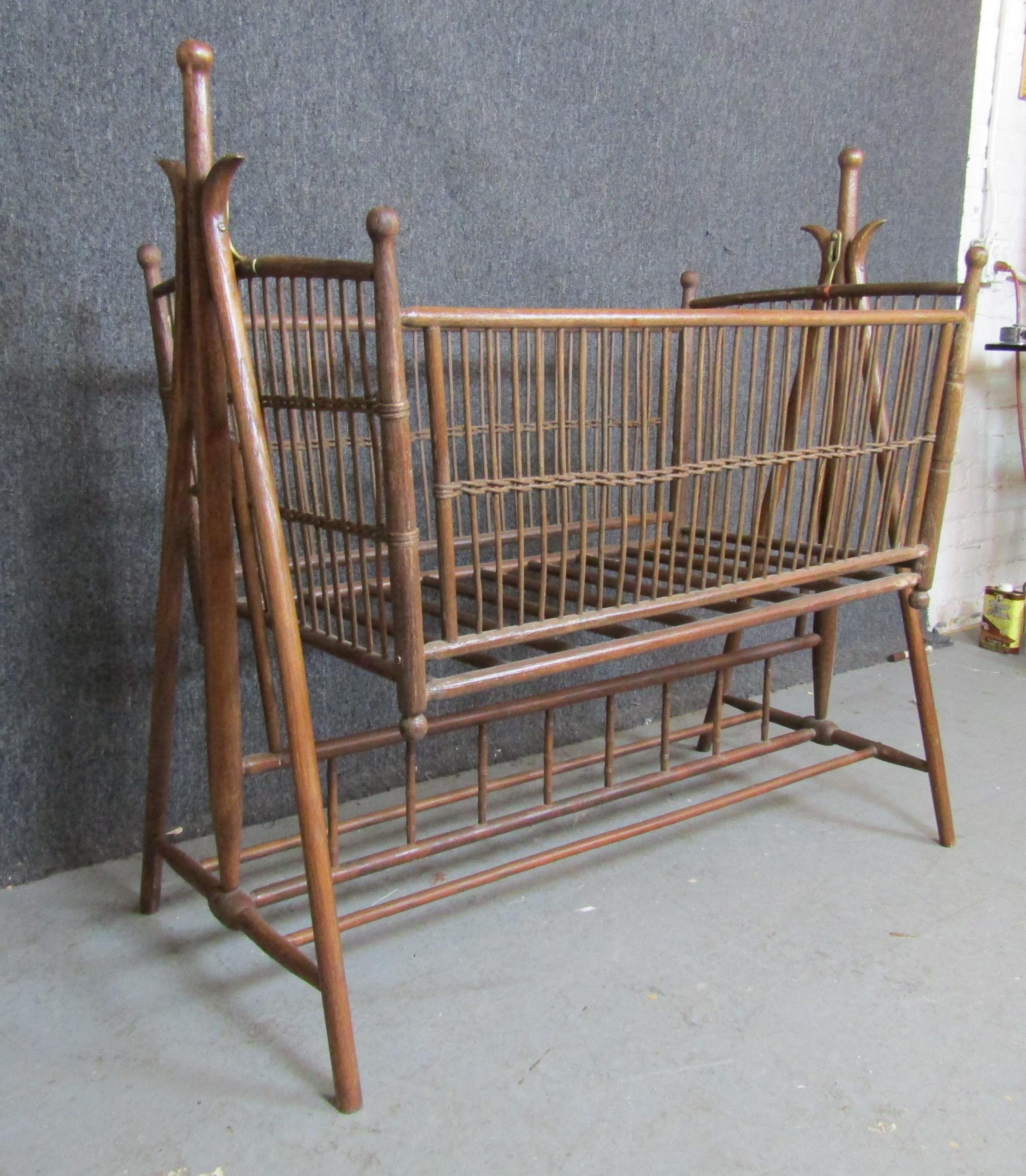 Victorian style antique crib made of wicker with detachable swing. Great as antique decoration!
Please confirm location NY or NJ