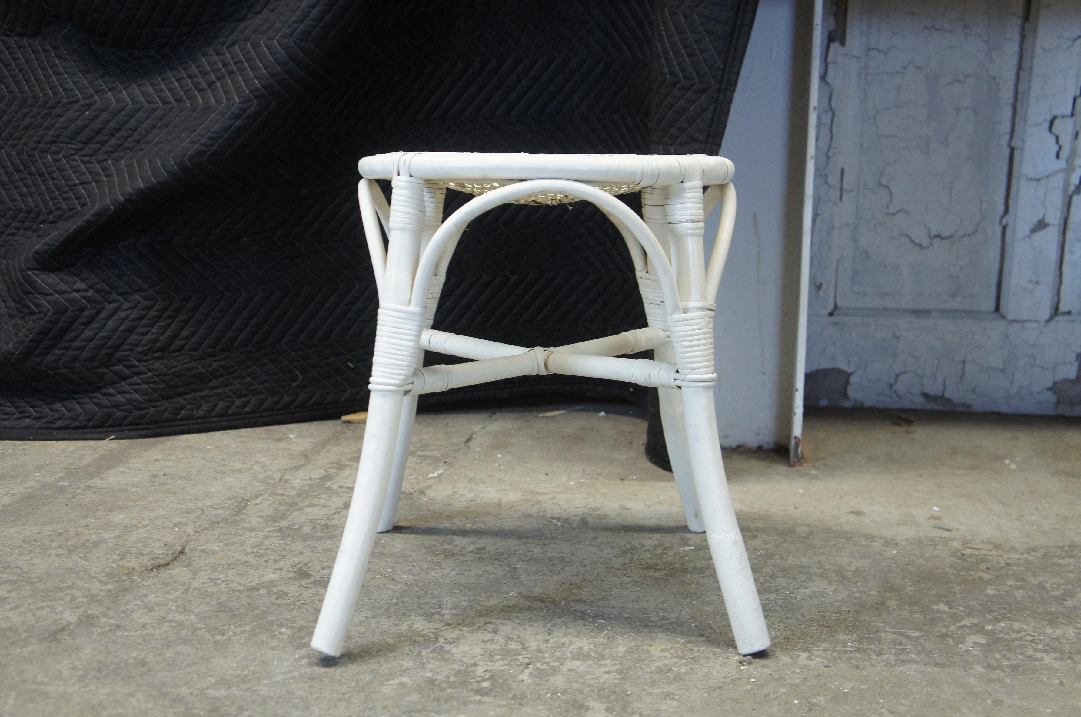 Antique Wicker Bamboo Caned Rattan White Painted Vanity Stool Boho Chic 2