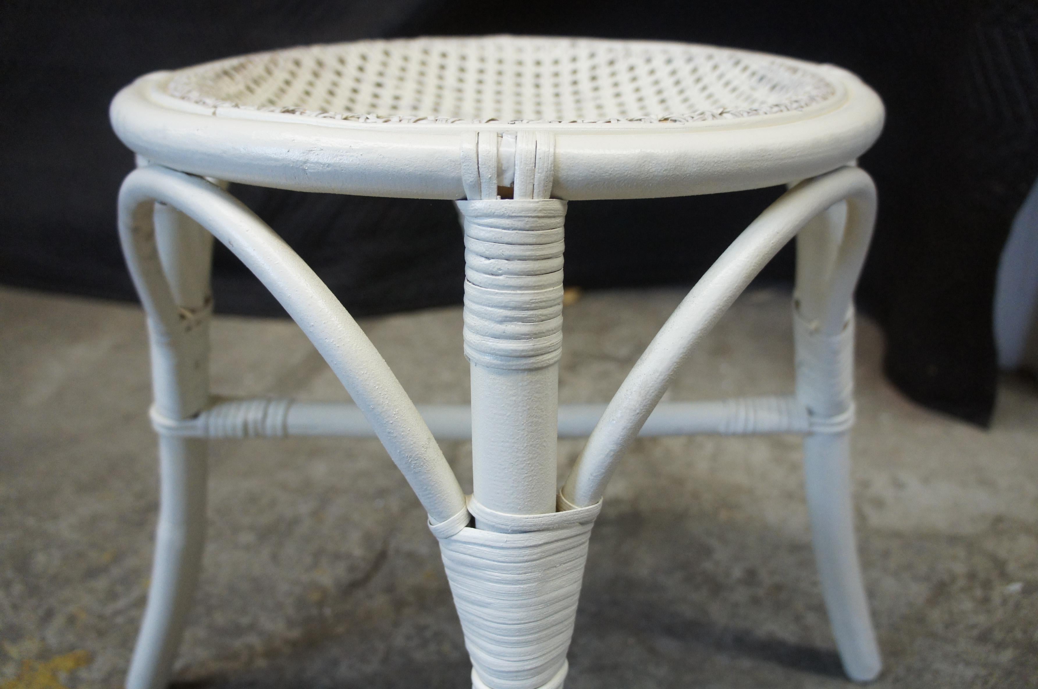 Bohemian Antique Wicker Bamboo Caned Rattan White Painted Vanity Stool Boho Chic