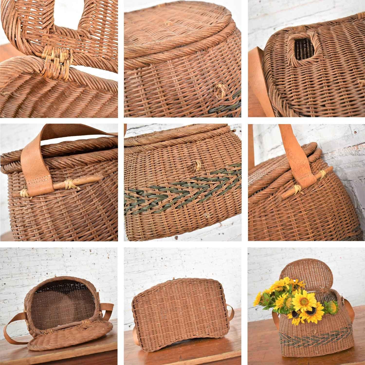 Antique Wicker Basket Fishing Creel with Leather Strap Handle 4