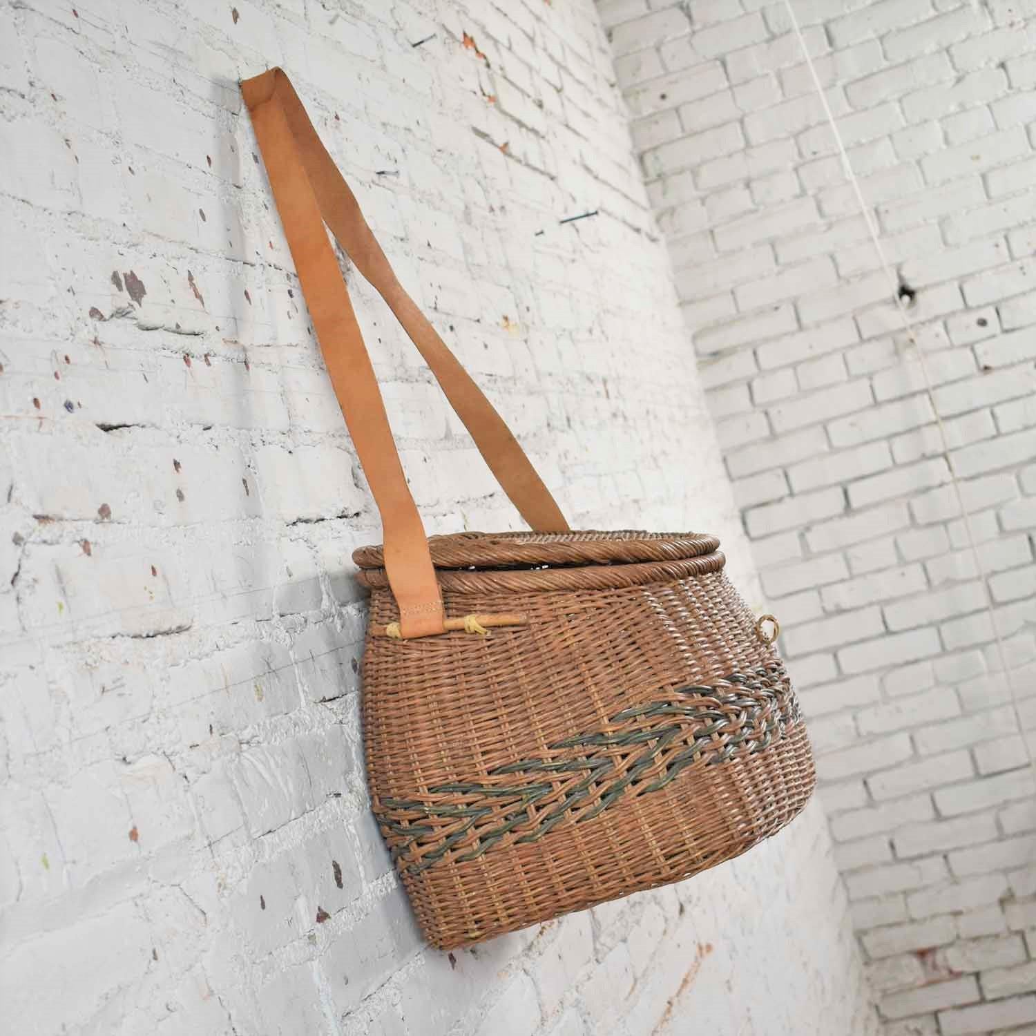 wicker fishing basket with leather strap