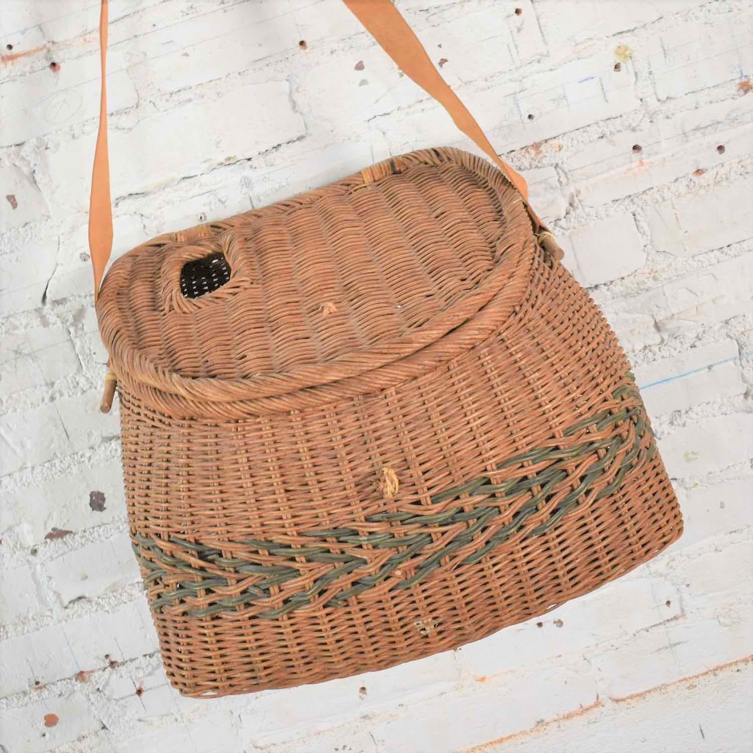 Rustic Antique Wicker Basket Fishing Creel with Leather Strap Handle