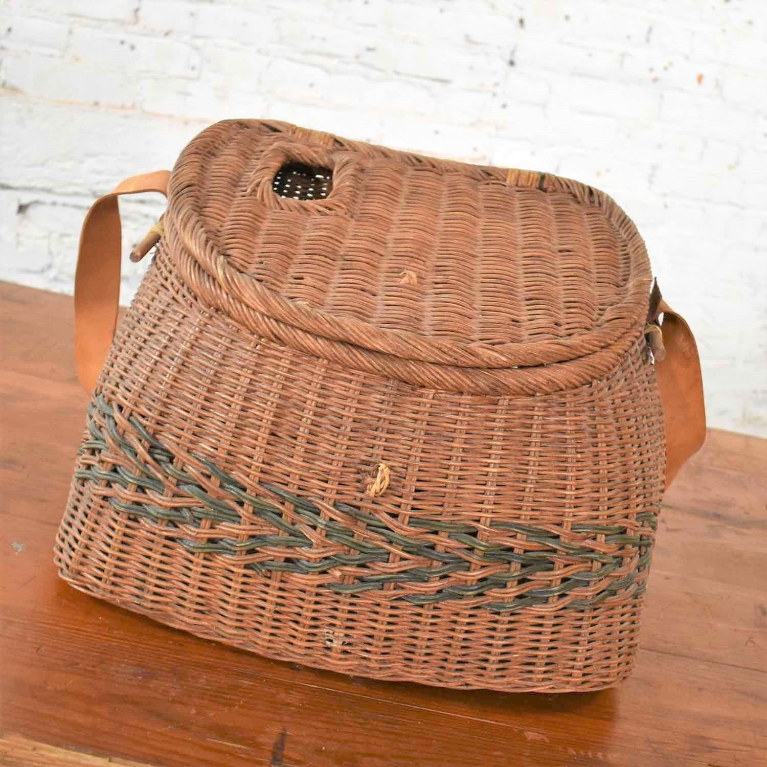 20th Century Antique Wicker Basket Fishing Creel with Leather Strap Handle
