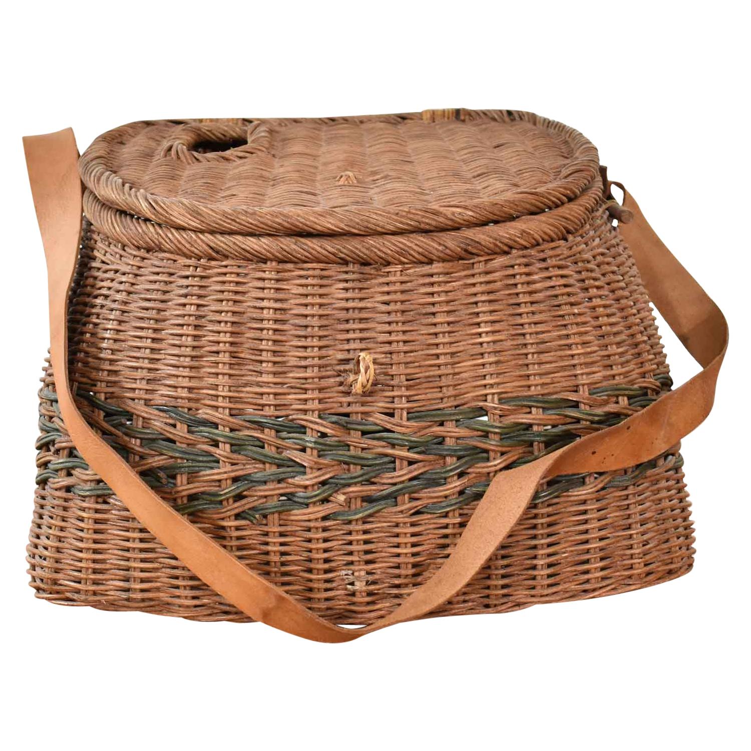 Antique Wicker Basket Fishing Creel with Leather Strap Handle at