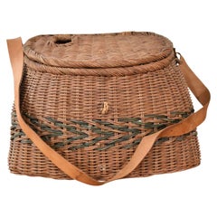 Vintage Wicker Basket Fishing Creel with Leather Strap Handle