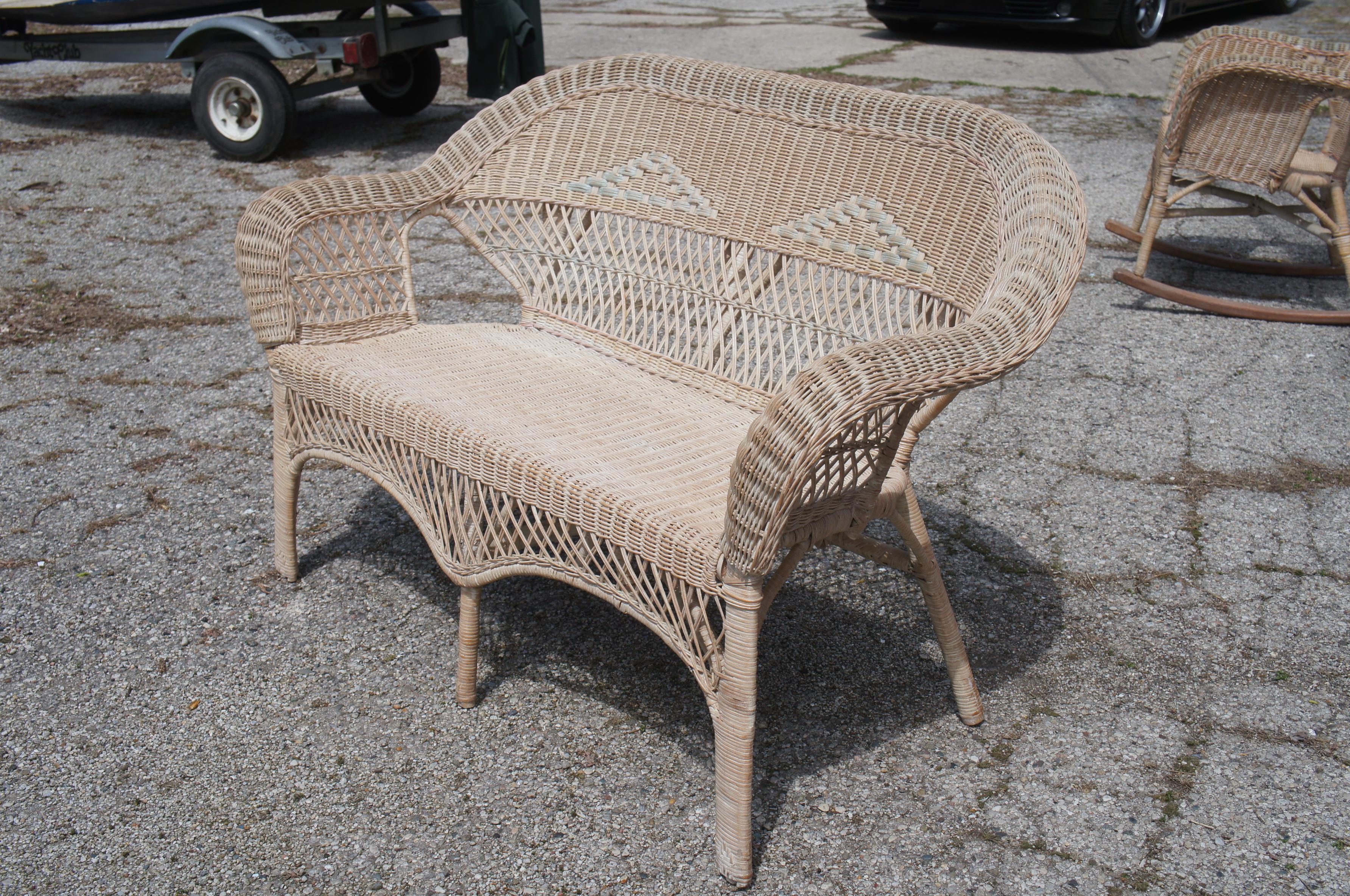 Antique Wicker Camelback Rocking Chair and Settee Loveseat Bench Rocker 1