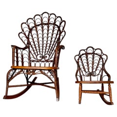 Antique Wicker Clam Shell Stylized Mother and Childs Matching Rocking Chairs