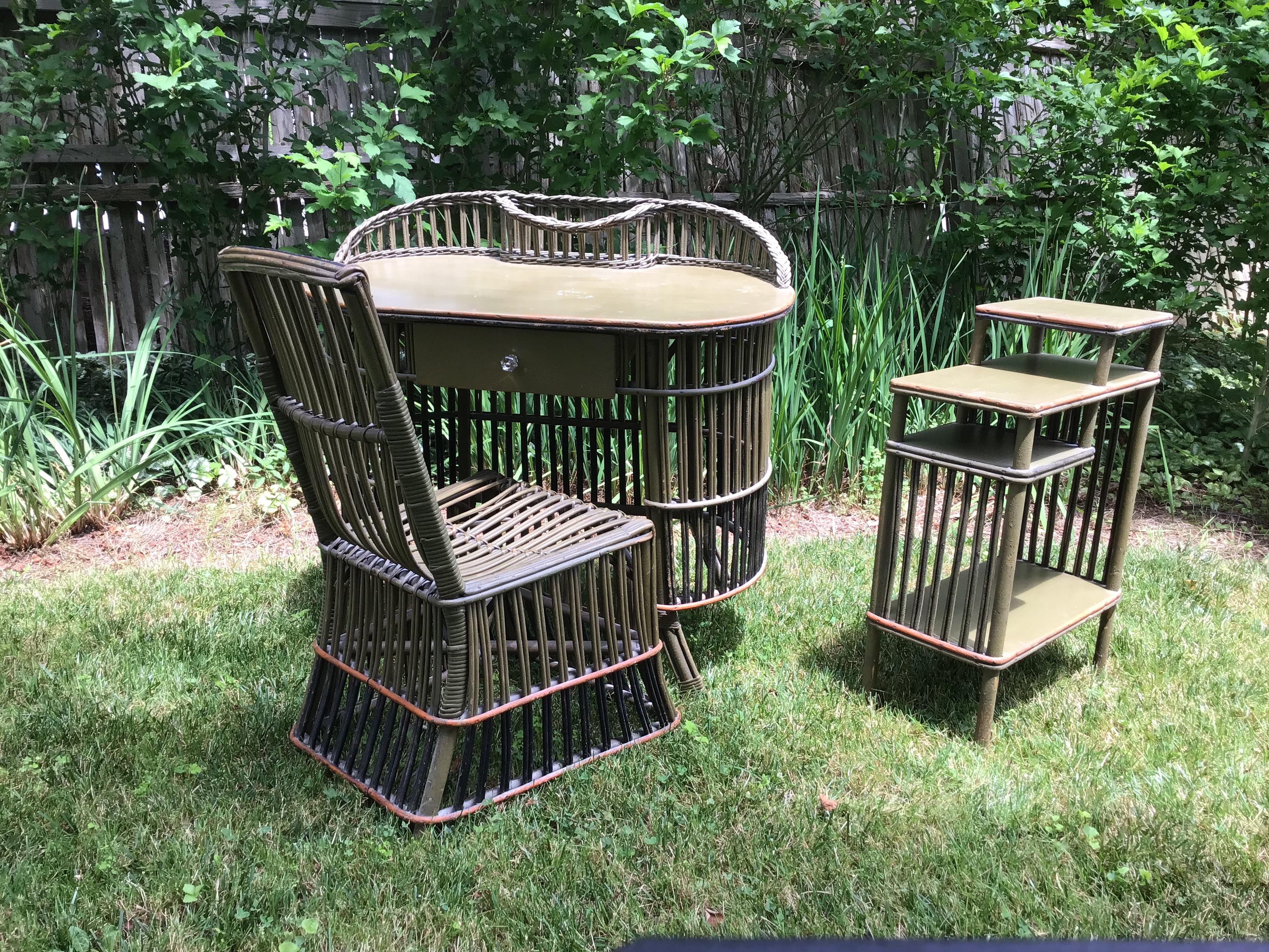 Antique Wicker Desk with Chair and Telephone Table, Arts and Crafts Style 3 piece wicker set has original paint and crackle patina, top has minor scratches, chair has minor losses to seat; the pieces are save din the desk drawer and can easily be