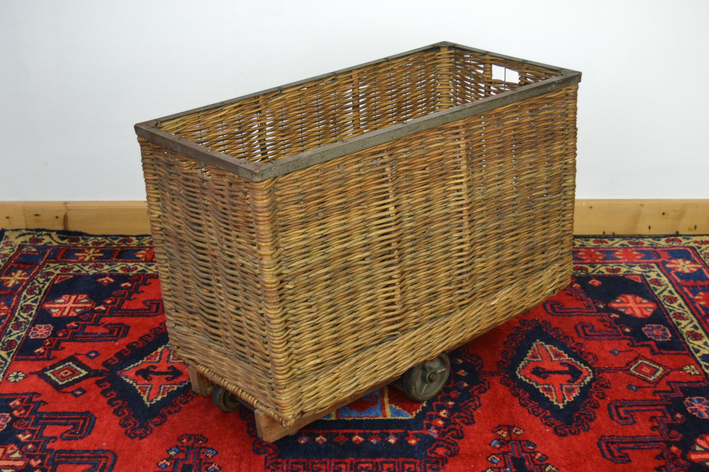 Antique Wicker Factory Basket on Wheels 1