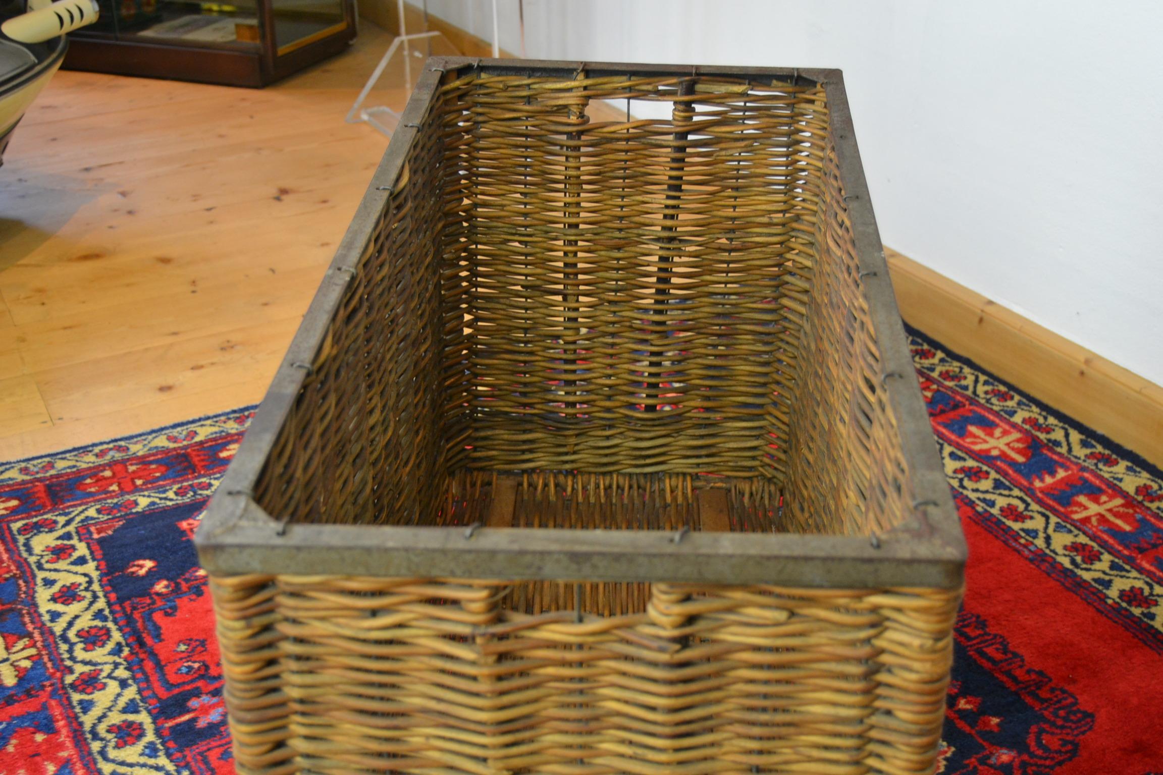 European Antique Wicker Factory Basket on Wheels