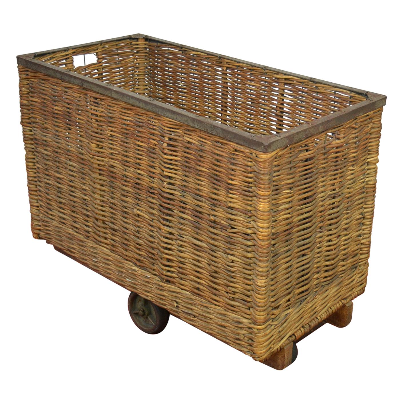 Antique Wicker Factory Basket on Wheels
