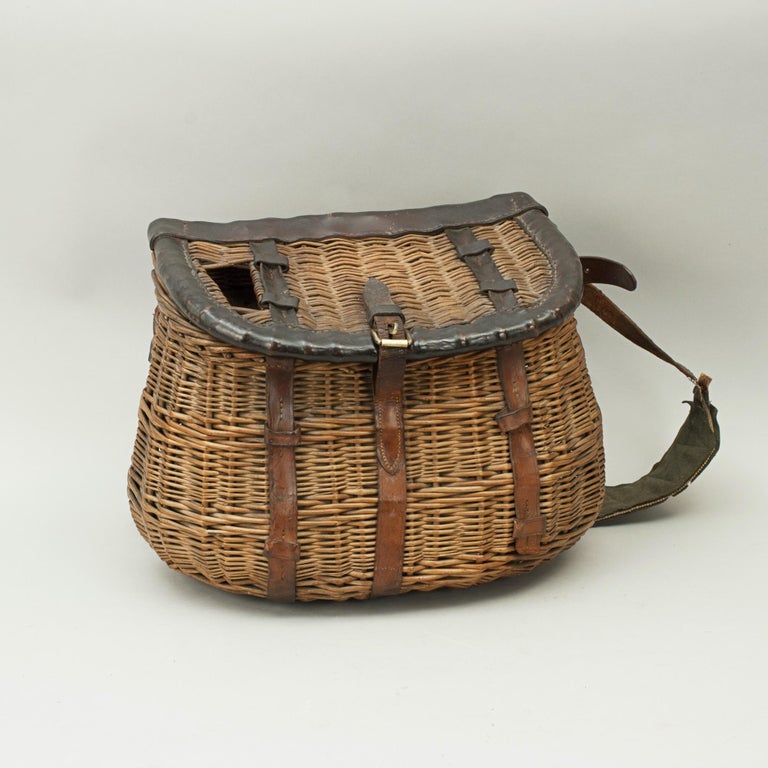 Antique Wicker Fishing Creel with Leather Trim