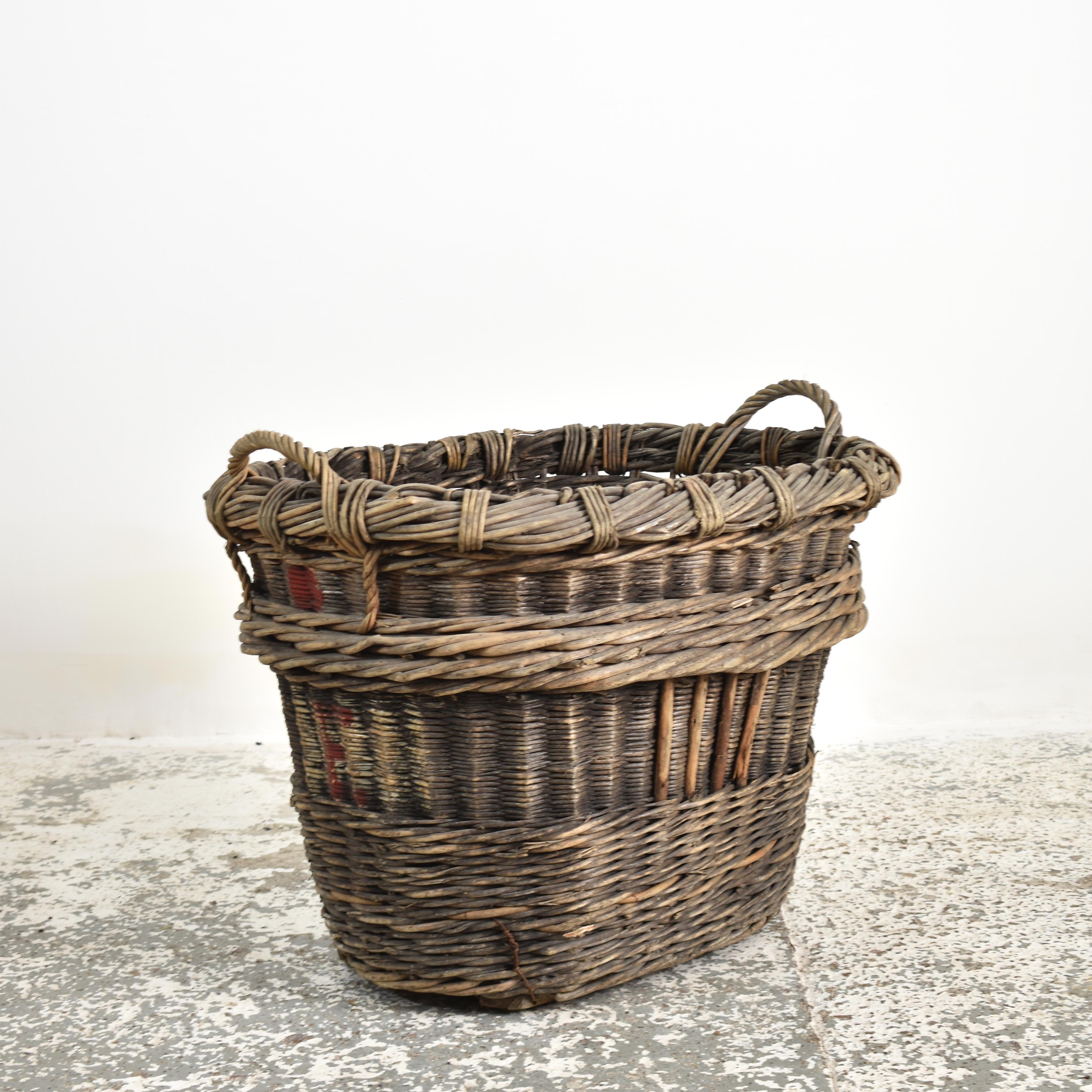 A beautiful hand-made wicker champagne basket from France used to harvest grapes in the champagne region of Reims. The markings on the end identify the grower and vineyard it belonged to. The basket has reinforced sides with chestnut splints and a
