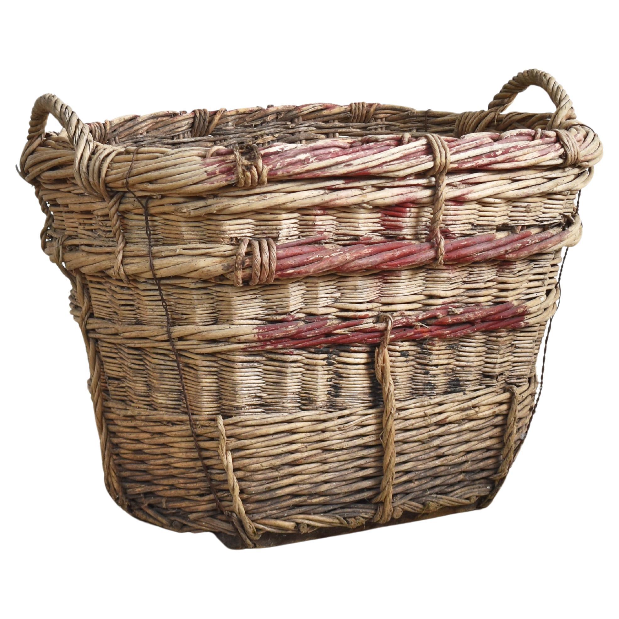 Antique Wicker French Champagne Log Basket For Sale