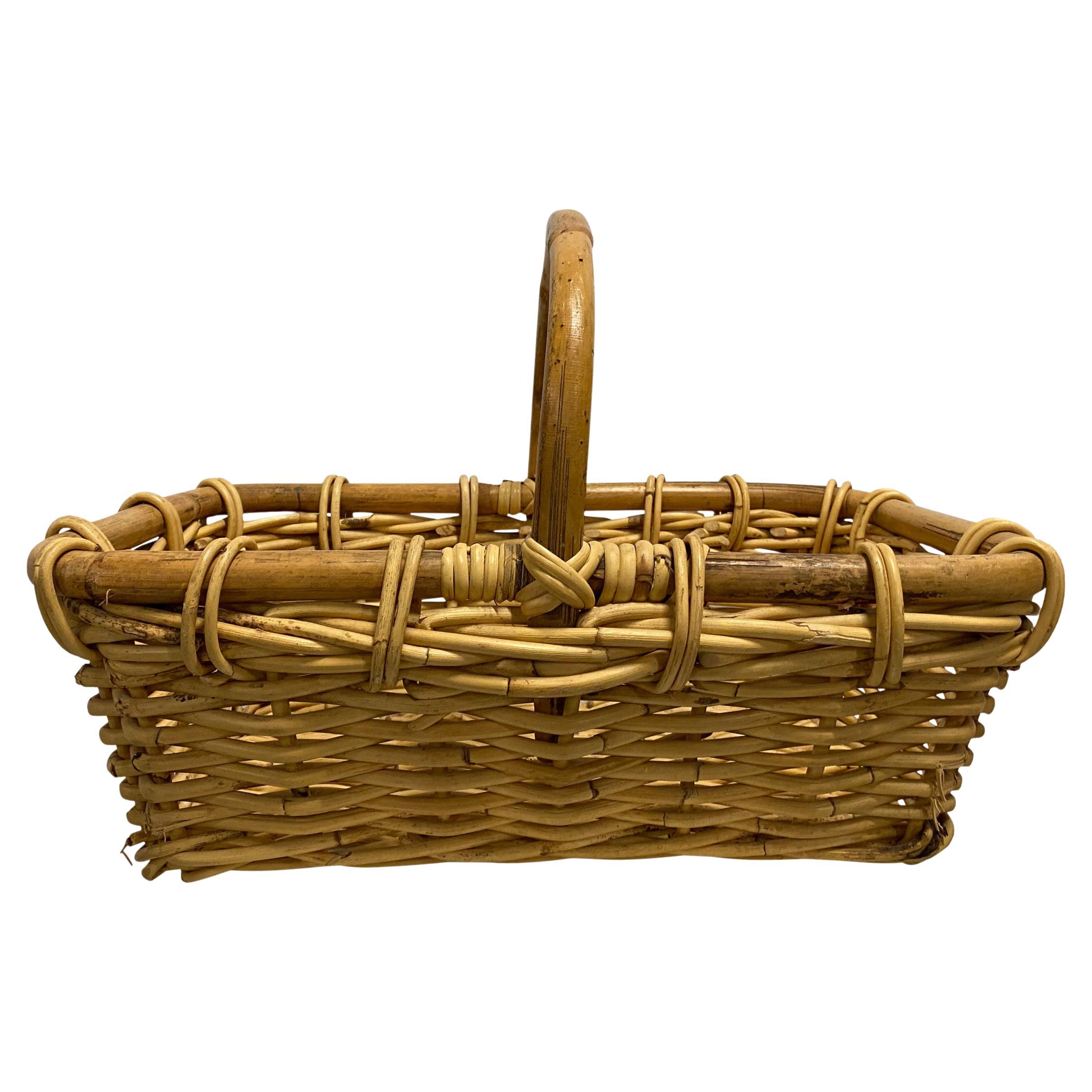 Antique Wicker Gathering Basket with Handle For Sale