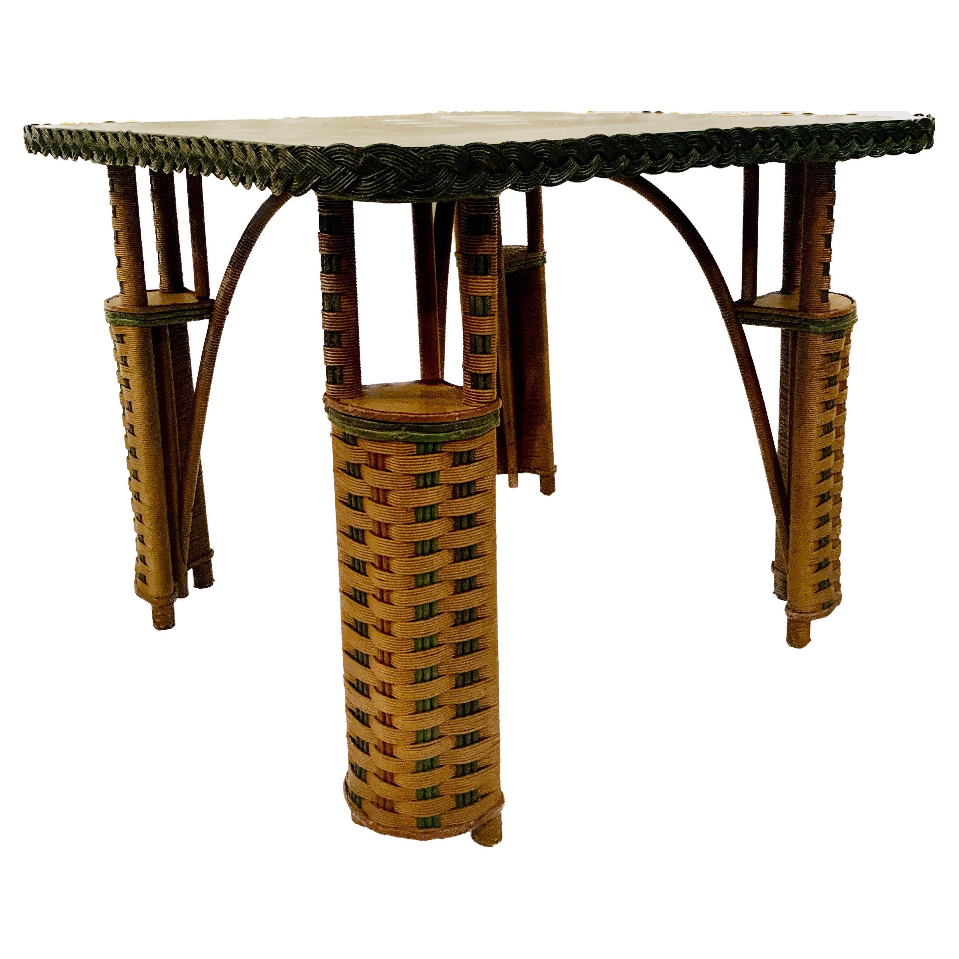 Art Deco Antique Wicker, Oak top Card / Game table and Four chairs in Natural finish For Sale