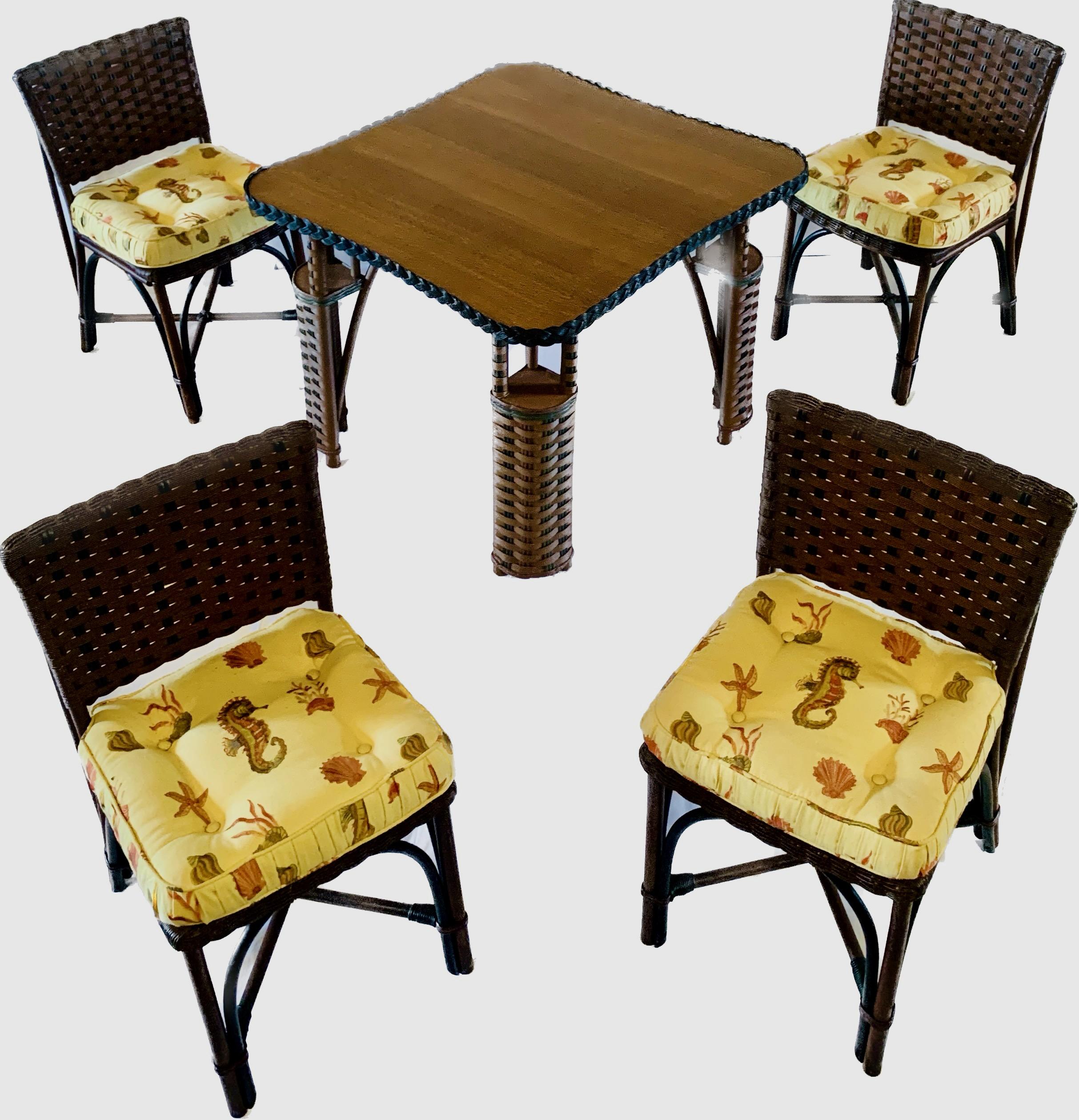 Woven Antique Wicker, Oak top Card / Game table and Four chairs in Natural finish For Sale