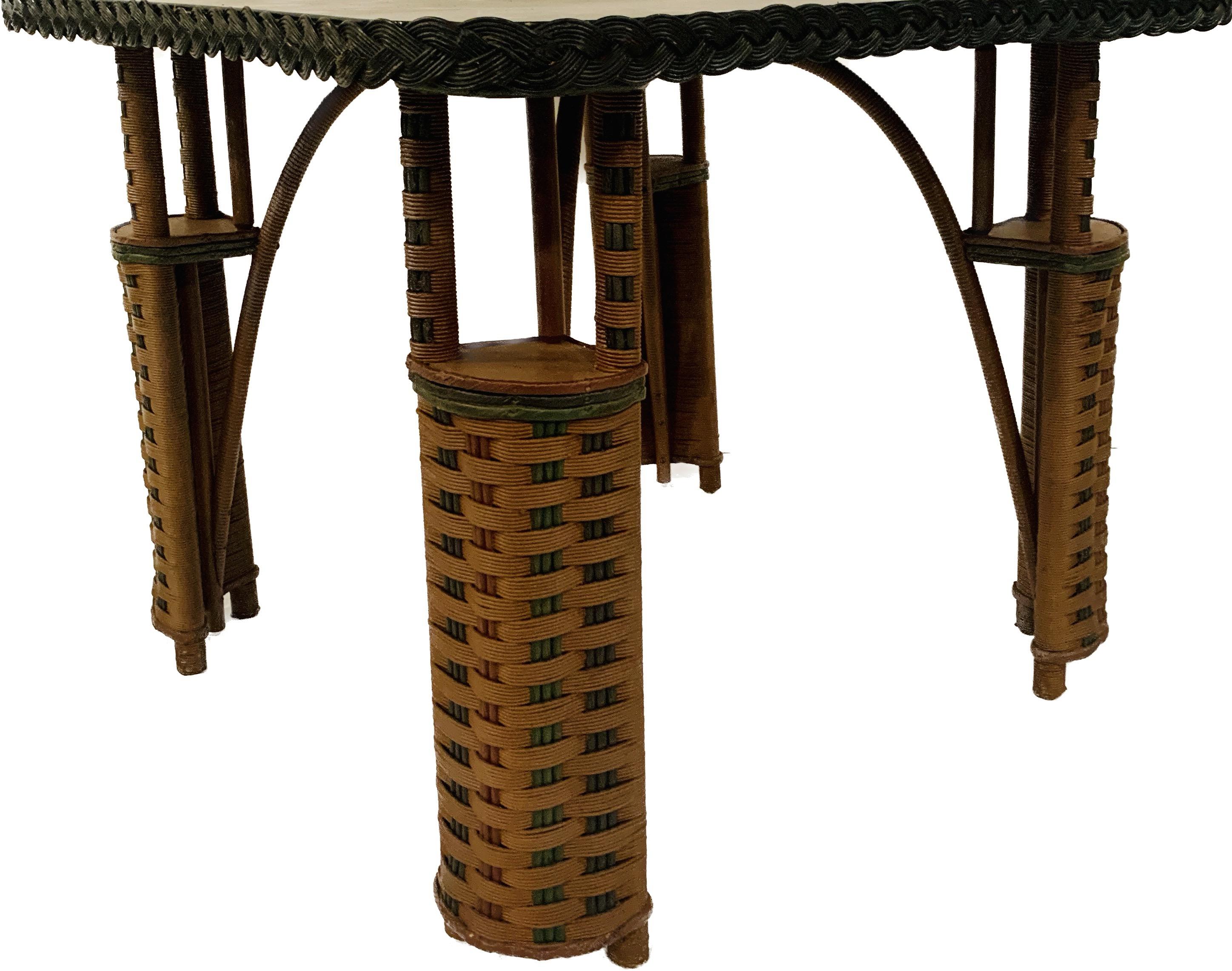 Mid-20th Century Antique Wicker, Oak top Card / Game table and Four chairs in Natural finish For Sale