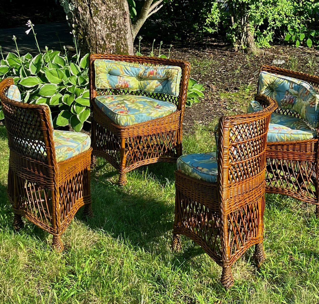 Antique Wicker Oak Top Card/Game Table and Four Matching Bar Harbor Style Chairs 2