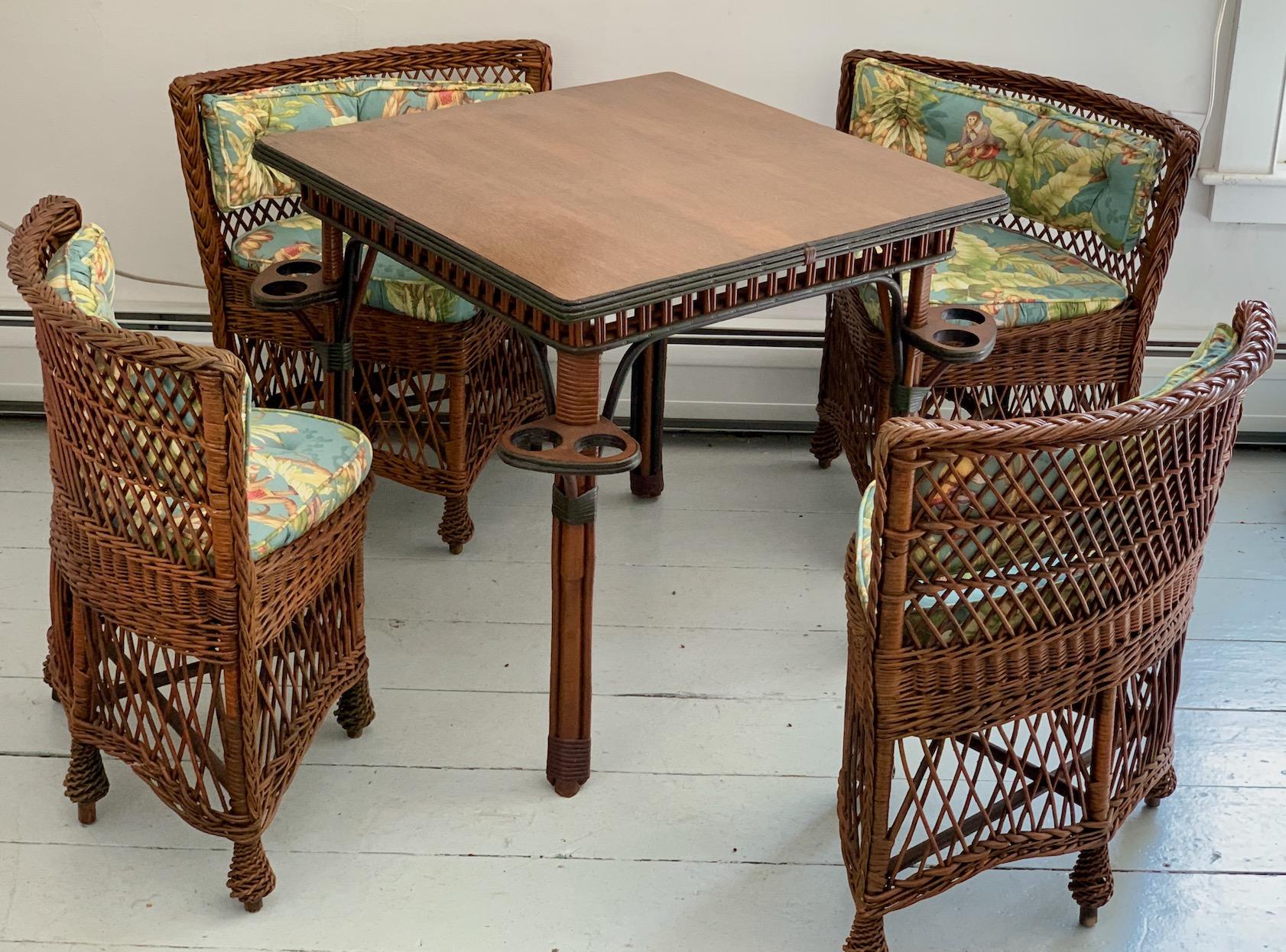 Antique Wicker Oak Top Card/Game Table and Four Matching Bar Harbor Style Chairs 3