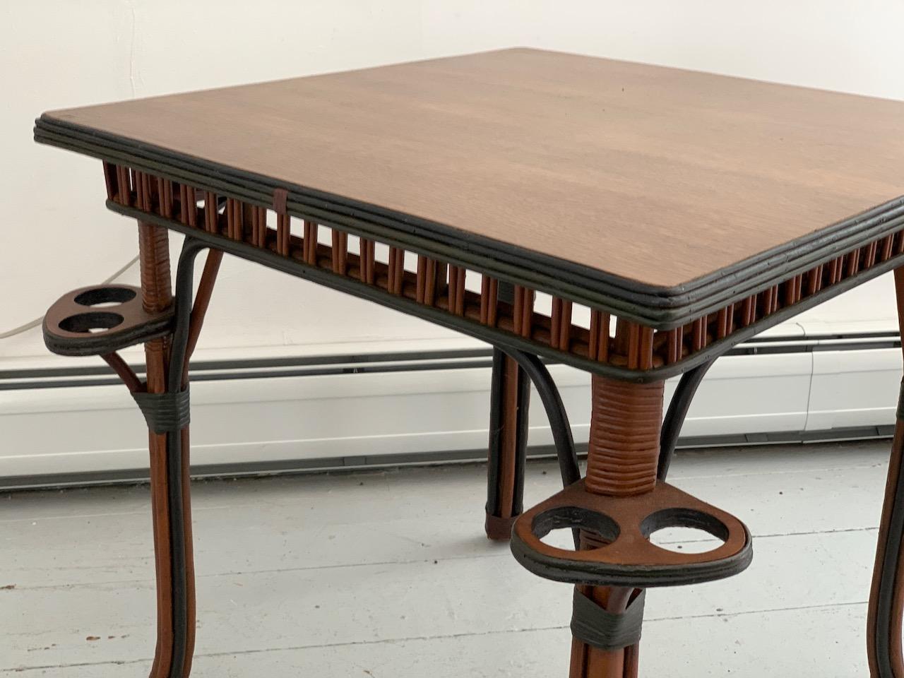Stained Antique Wicker Oak Top Card/Game Table and Four Matching Bar Harbor Style Chairs
