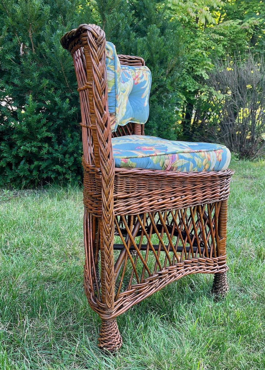 Upholstery Antique Wicker Oak Top Card/Game Table and Four Matching Bar Harbor Style Chairs